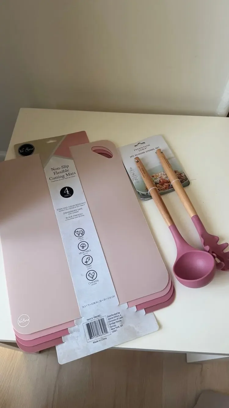 Pink Cutting Mat & Silicone Utensil Kitchen Set